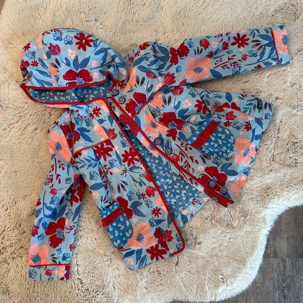 Matilda Jane Blue & Red Floral Hooded Jacket with Red Trim Sz *see details*